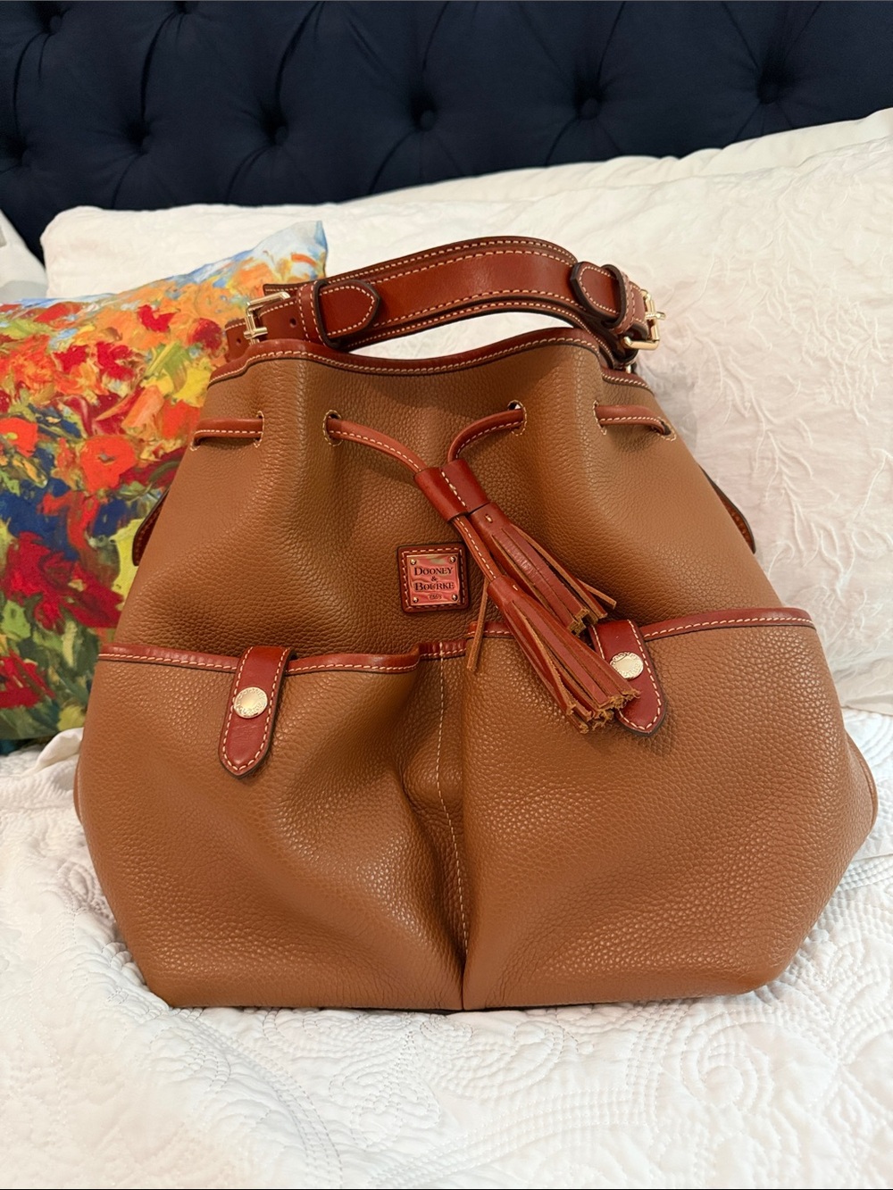 Dooney & Bourke Brown Pebble Leather Drawstring Tassel Bucket Bag